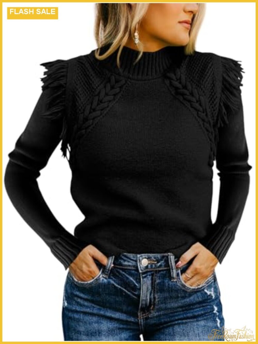 Cable Knit Mock Neck Fringe Fitted Long Sleeve Boho Pullover Sweater